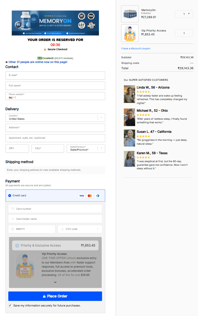 MemoryOn Checkout Page